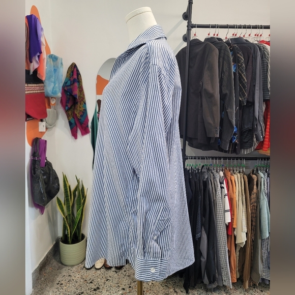 Black Brown Egyptian Cotton Blue Striped Men's Shirt - Picture 6 of 7